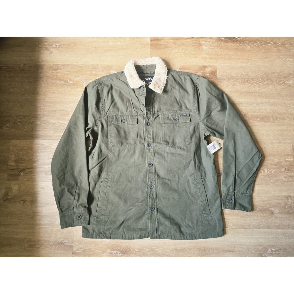 RVCA Range Jacket Sz M Green Sherpa Collar Canvas Button Up Shacket New $150